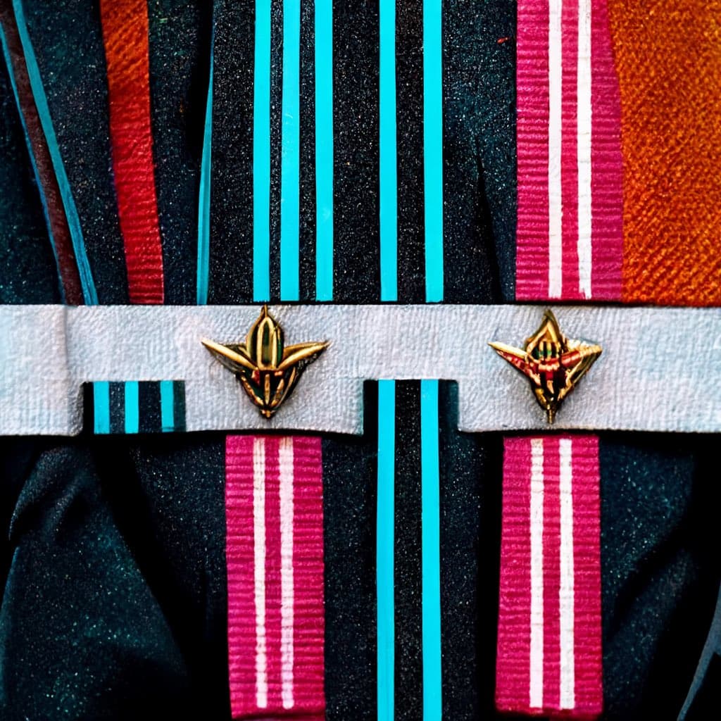 A close-up photograph of a collection of colorful, striped ribbons and two gold star-shaped pins attached to a white band. The ribbons feature various patterns in colors such as red, blue, pink, and orange, arranged vertically against a dark background.