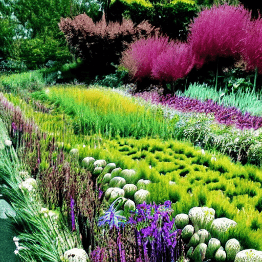 A vibrant, colorful garden scene featuring a variety of plants in different hues, including green, yellow, purple, and pink. The image appears to be a digital artwork or a highly stylized photograph of a lush, diverse garden.