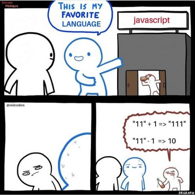 A three-panel comic featuring stick figures. In the first panel, a blue figure proudly points to a door labeled 'javascript' while saying 'THIS IS MY FAVORITE LANGUAGE'. In the second panel, the blue figure is shown sweating nervously. In the third panel, the blue figure looks distressed as a red speech bubble displays the code '11' + 1 => '111' and '11' - 1 => 10, while a third figure holds a hammer.