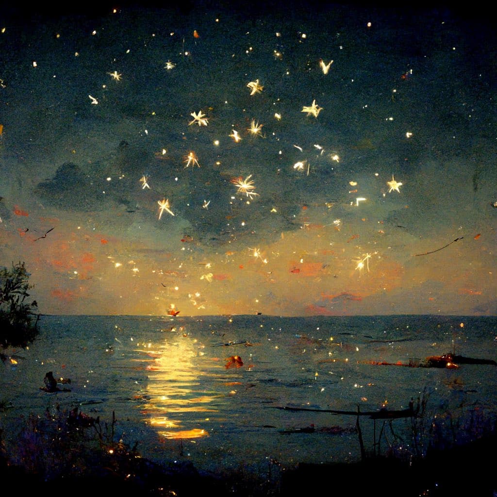 A digital painting depicting a serene night scene over a body of water, featuring a starry sky with bright, star-like lights reflecting on the water's surface. The horizon is illuminated by a warm, golden glow, suggesting a sunset or moonrise, while dark silhouettes of vegetation frame the foreground.