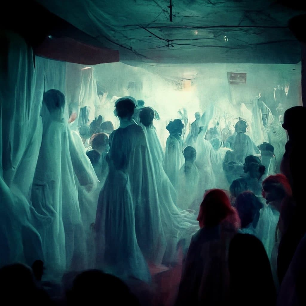 A photograph of a crowded indoor event, likely a rave or concert, where many people are wearing white sheets or robes. The scene is illuminated by hazy, blue-green lighting, creating a ghostly atmosphere.