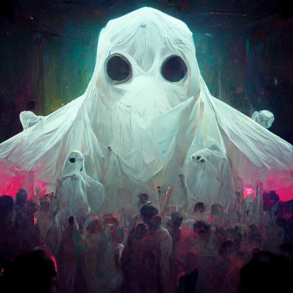 A large, towering figure draped in a white sheet with two dark holes for eyes looms over a crowd of people at what appears to be a concert or festival. Several smaller figures in similar white sheet costumes are visible among the audience, illuminated by pink and green stage lighting.