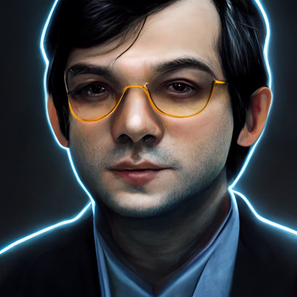 A digital portrait of a man with dark hair and yellow-rimmed glasses, wearing a light blue shirt and dark jacket. He is outlined by a glowing white neon line against a dark background.