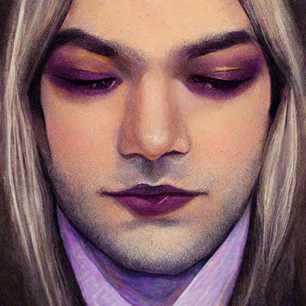 A close-up digital illustration of a person with long blonde hair, looking downward with their eyes closed. The subject has prominent purple eyeshadow and dark purple lipstick, with a light-colored collared shirt visible at the bottom of the frame.