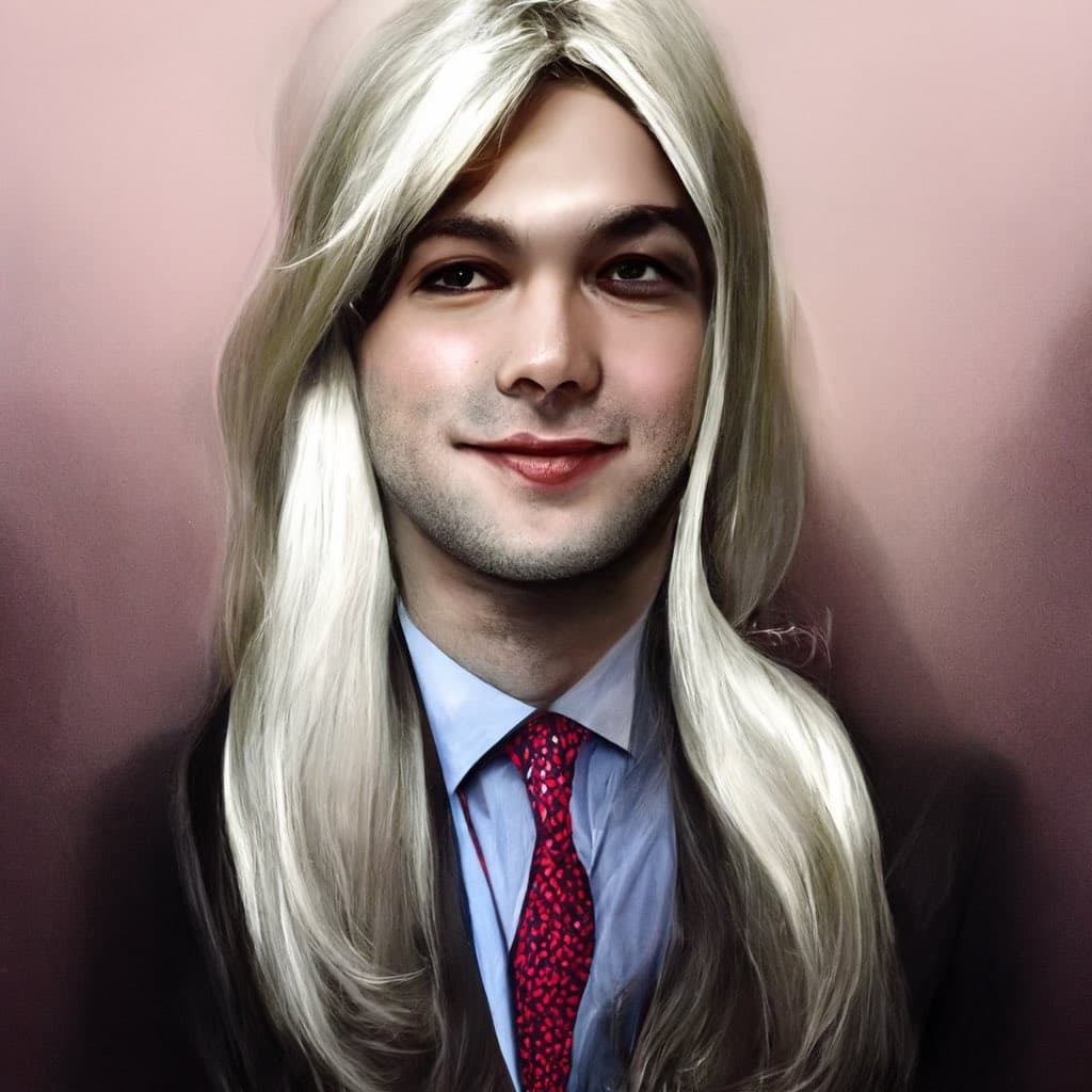A digital painting of a person with long, straight blonde hair, wearing a dark suit jacket, a light blue dress shirt, and a red patterned tie. The subject is smiling gently against a soft, muted pink background.