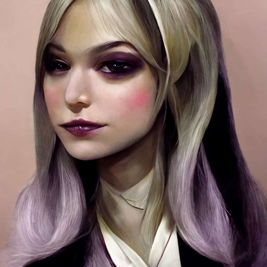 A digital painting of a young woman with long, wavy hair that transitions from blonde to purple. She has dark purple eye makeup and matching lipstick, with a neutral expression against a plain pink background.