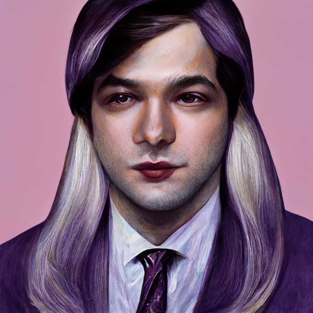 A digital painting of a person with long, two-toned hair (purple and blonde) wearing a white collared shirt and a purple tie, set against a solid pink background. The portrait is rendered in a realistic, painterly style.