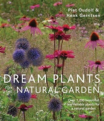 A book cover for 'Dream Plants for the Natural Garden' by Piet Oudolf and Henk Gerritsen, featuring a photograph of a wildflower meadow with purple thistles and pink coneflowers.
