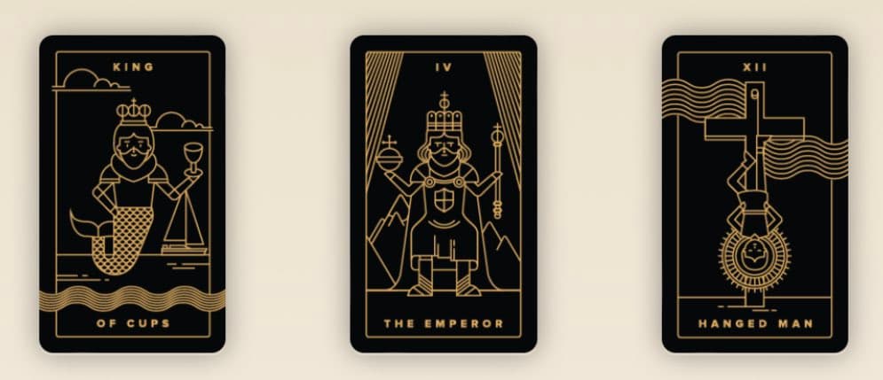 A digital illustration of three black tarot cards with gold line art arranged side-by-side on a beige background. The cards depict the King of Cups, The Emperor, and The Hanged Man.