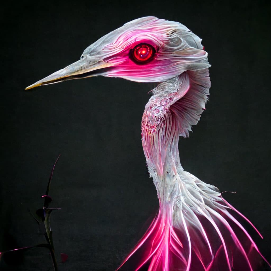 A surreal, AI-generated portrait of a bird with a long neck and beak, featuring white and pink feathers and a glowing red eye, set against a dark background.