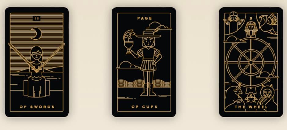 A digital illustration of three black and gold tarot cards arranged side-by-side on a beige background. The cards depict the Two of Swords, the Page of Cups, and the Wheel of Fortune, featuring stylized line-art figures and symbols.
