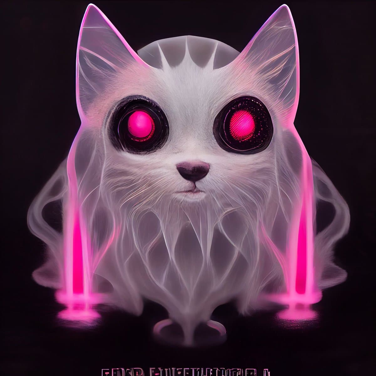 A digital art portrait of a white cat with large, glowing red eyes and neon pink accents on its ears and paws, set against a black background. The image has a futuristic, AI-generated aesthetic. There is partially visible text at the bottom of the image.