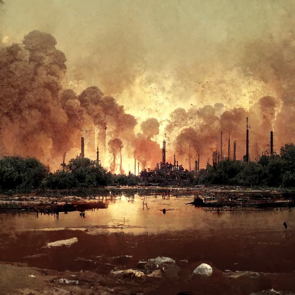 An AI-generated digital painting depicting a desolate industrial landscape with smokestacks emitting thick smoke into a hazy, sepia-toned sky, reflected in a murky body of water in the foreground.