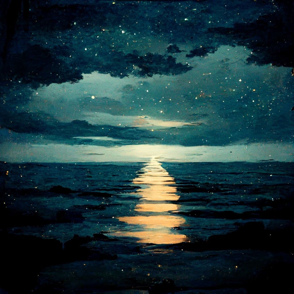 A digital painting depicting a night seascape with a bright, golden reflection of the moon or stars stretching across the water toward the horizon. The sky is filled with dark clouds and scattered stars, creating a moody and atmospheric scene.