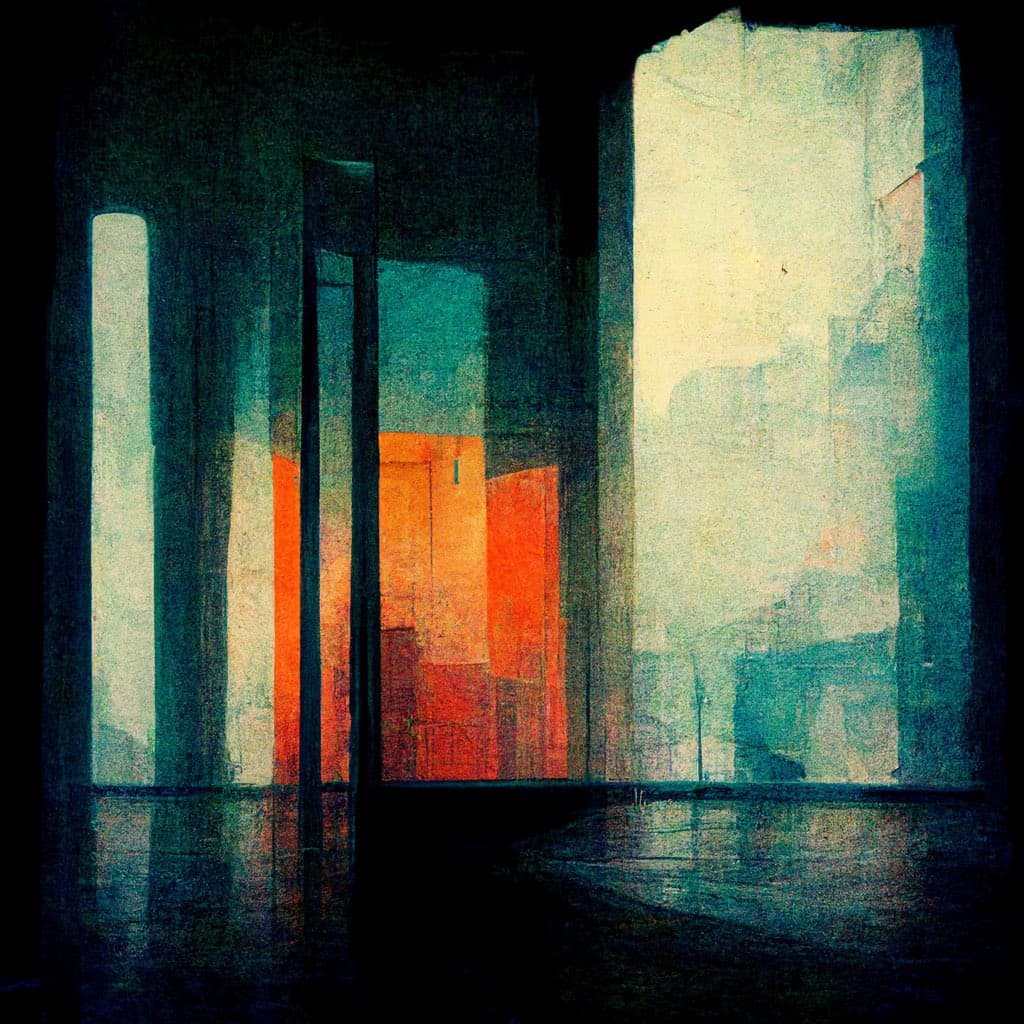 An abstract digital painting depicting a dark, cavernous interior with tall, vertical pillars. A bright, warm orange glow emanates from the center, contrasting with the cool, pale blue and white light filtering in from the right, casting reflections on the wet-looking floor.