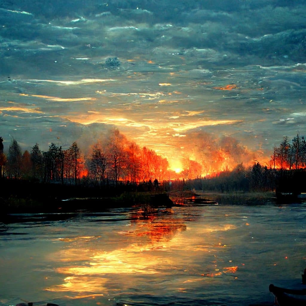 A digital painting of a dramatic sunset over a body of water, featuring a line of trees silhouetted against a bright orange and yellow sky with dark clouds above.