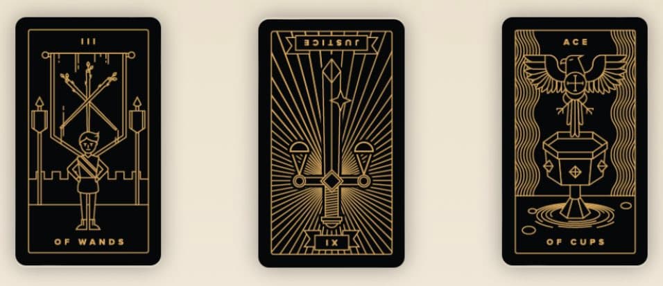 A digital illustration of three black and gold tarot cards arranged side-by-side on a beige background. The cards depict the Three of Wands, Justice, and Ace of Cups, featuring stylized line-art figures and symbols.