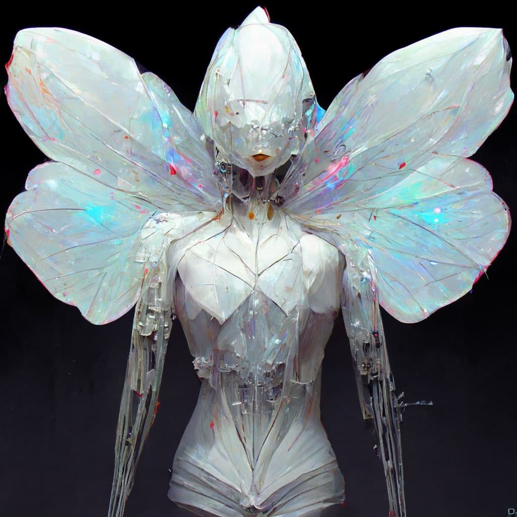 A photograph of a translucent, iridescent sculpture of a humanoid figure with large, butterfly-like wings against a black background. The figure appears to be constructed from layered, clear material with visible internal structures and subtle color reflections.