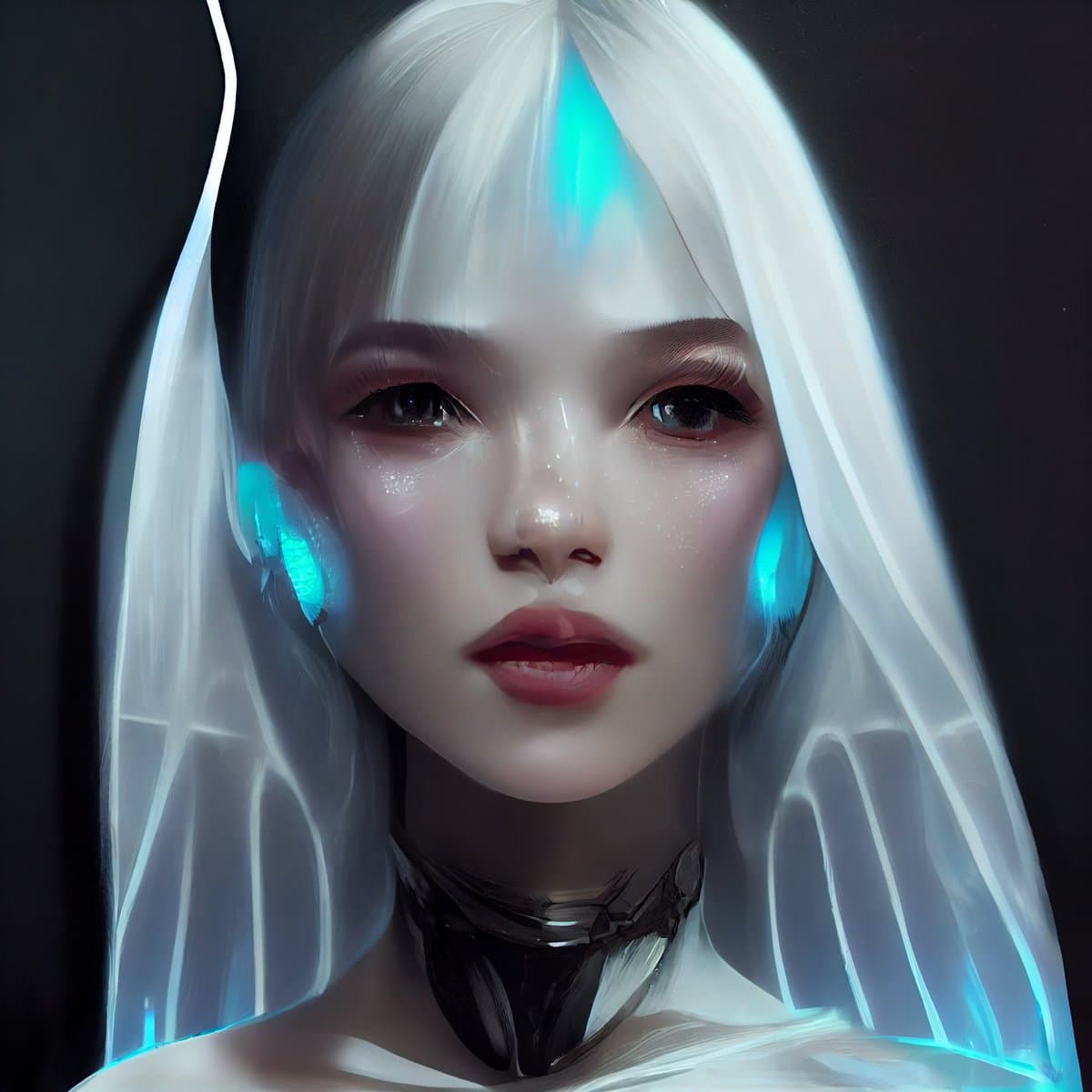 A digital painting of a person with long white hair, glowing blue accents on their face and ears, and a dark collar, set against a black background. The image has a futuristic, sci-fi aesthetic.