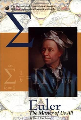 A book cover for 'Euler: The Master of Us All' by William Dunham, featuring a portrait of Leonhard Euler, a large Greek letter Sigma, and the Basel problem equation.