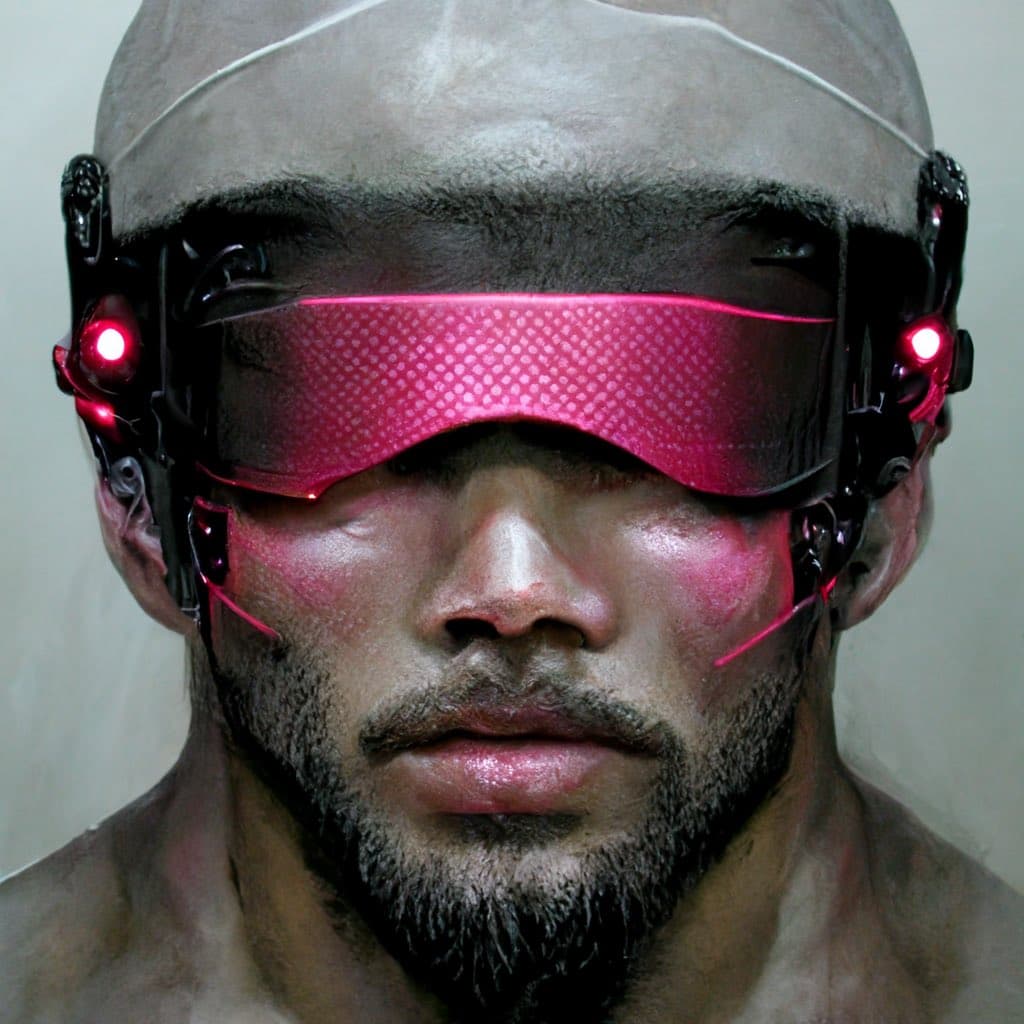 A close-up, AI-generated portrait of a bearded man wearing a futuristic, cyberpunk-style blindfold with glowing red lights and a textured pink visor.