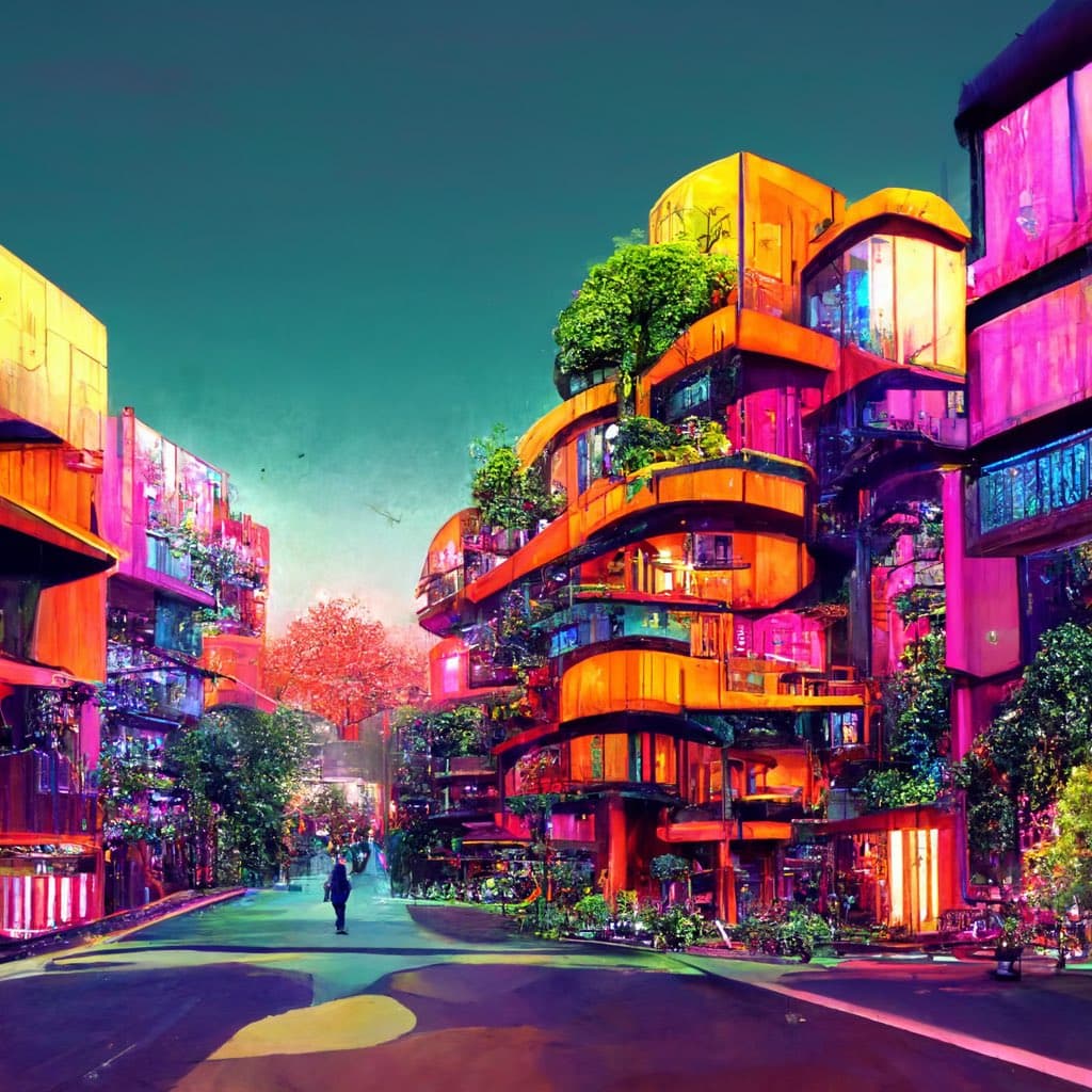A vibrant, AI-generated digital illustration of a futuristic, biophilic city street at night, featuring multi-story buildings with curved balconies covered in lush greenery and illuminated by warm orange and pink lights. A single pedestrian walks along a wide, car-free paved path, with a teal sky overhead.