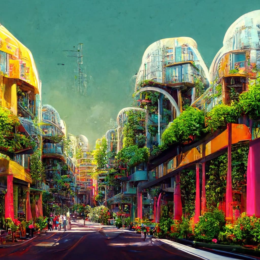 An AI-generated digital illustration of a futuristic, biophilic urban streetscape featuring colorful, rounded buildings covered in lush greenery and flowers. The scene depicts a car-free, walkable environment with people strolling along a wide, paved street under a hazy teal sky.