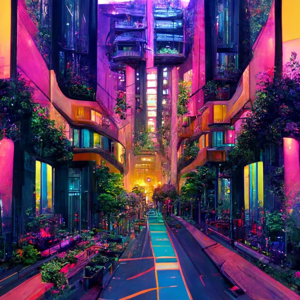 A vibrant, AI-generated digital illustration of a futuristic, biophilic city street at night, featuring towering buildings covered in lush vegetation and illuminated by neon pink and purple lights. The scene depicts a car-free pedestrian walkway lined with abundant greenery and glowing windows, creating a utopian urban atmosphere.