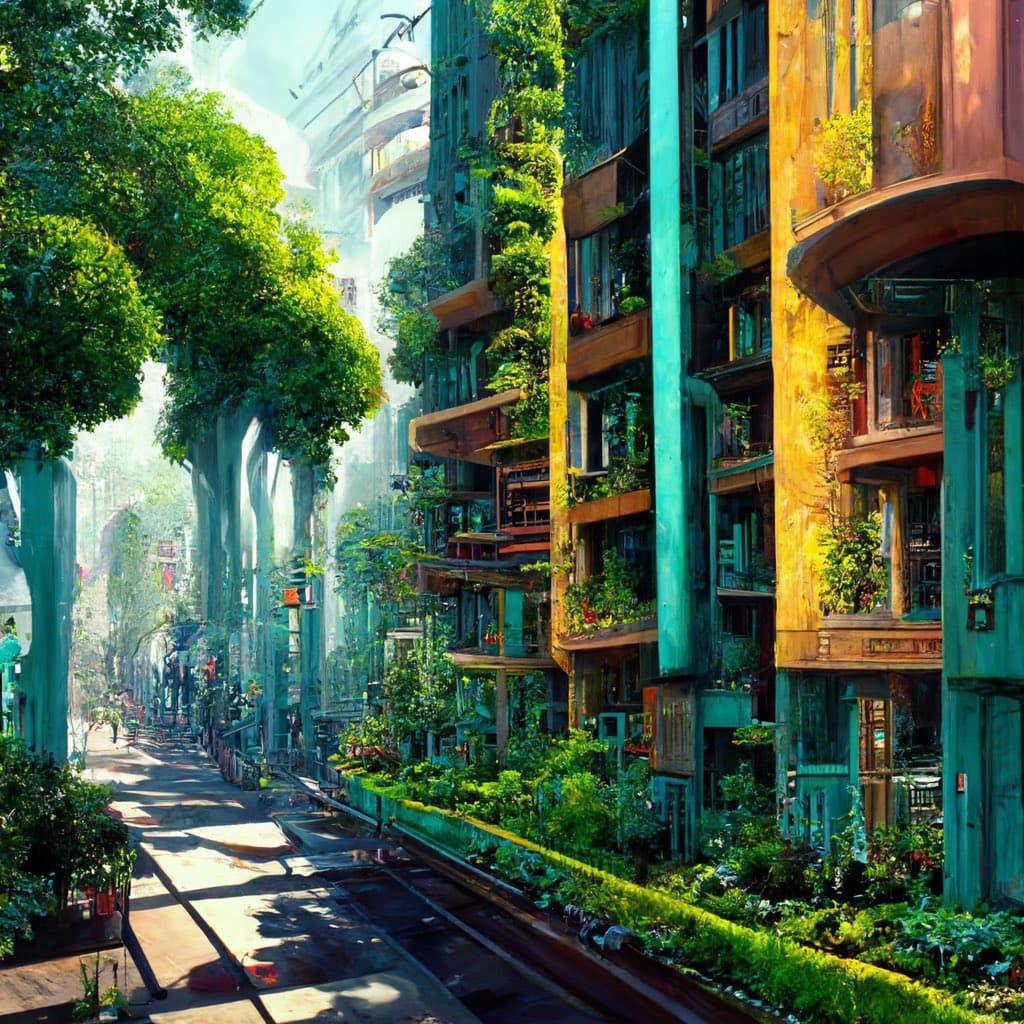 An AI-generated digital illustration of a futuristic, biophilic city street featuring tall buildings covered in lush greenery and a car-free walkway.