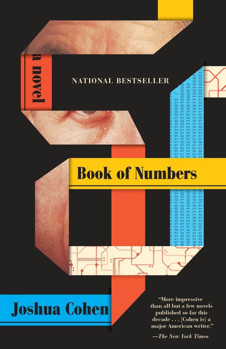 A book cover for "Book of Numbers" by Joshua Cohen, featuring a collage design with a close-up of a person's eye and lips, geometric shapes, and binary code. The cover is labeled as a "National Bestseller" and includes a quote from The New York Times.