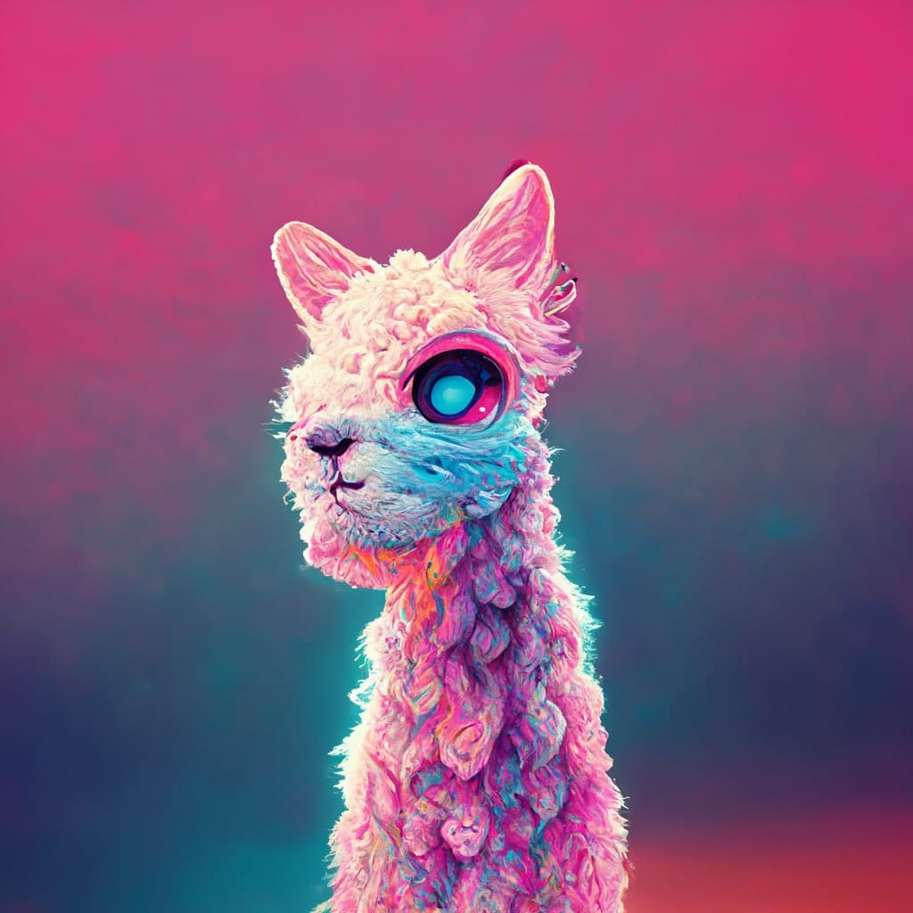 A digital art portrait of an alpaca with vibrant, multicolored fur in shades of pink, blue, and orange, featuring a large, stylized eye with a glowing blue pupil. The image has a soft, painterly texture and is set against a blurred background with a pink-to-blue gradient, evoking a synthwave aesthetic.