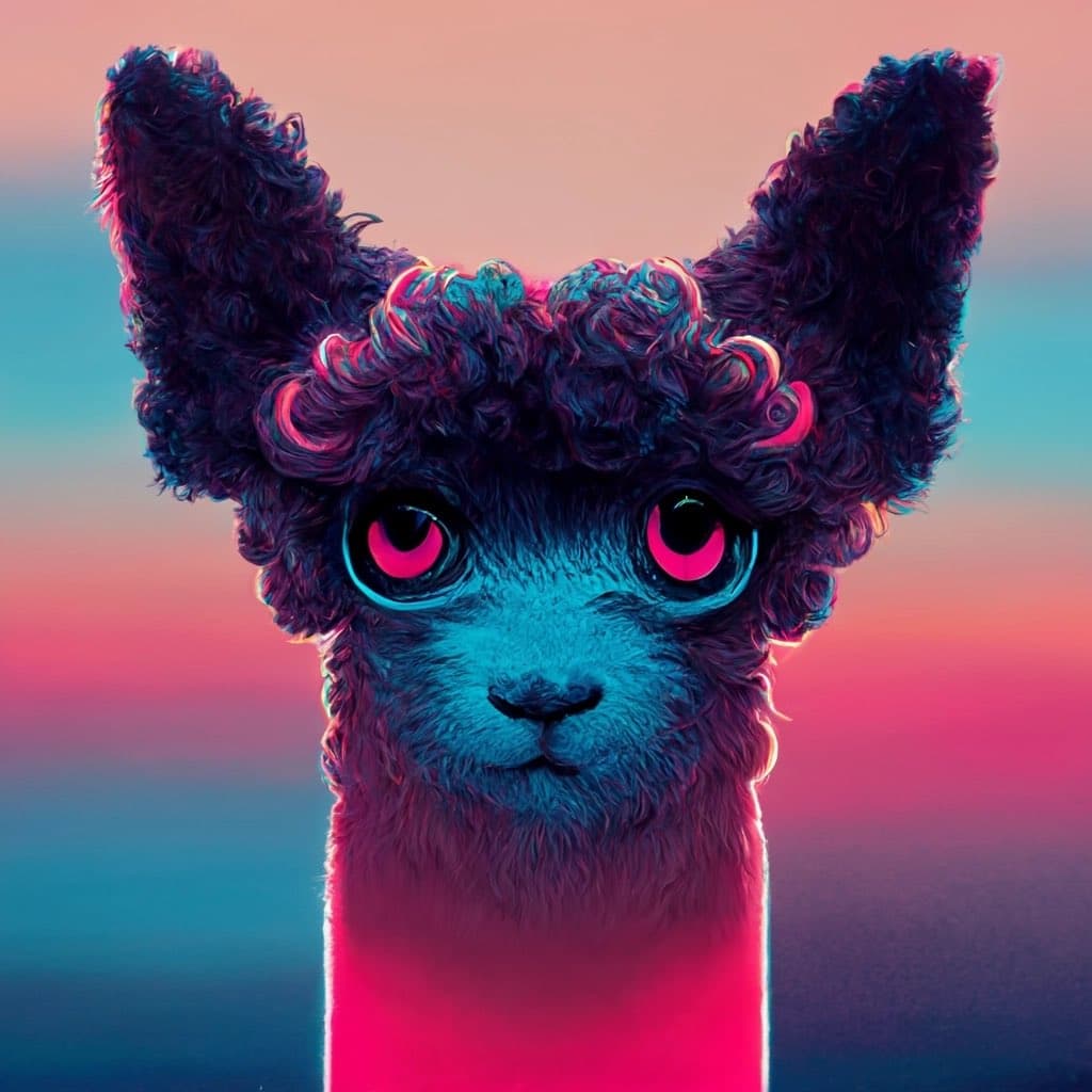 A digital art portrait of an alpaca with curly, dark fur and large, glowing pink eyes, set against a blurred background with a pink and blue gradient. The image features a vibrant, neon color palette characteristic of the synthwave aesthetic.