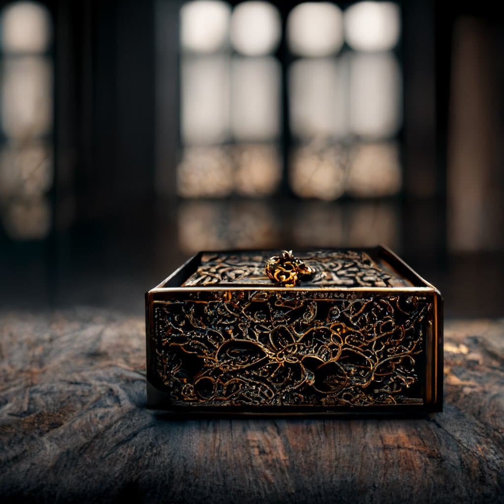 A close-up photograph of an ornate, rectangular box with intricate gold floral filigree on a dark background, resting on a weathered wooden surface. The box features a small, sculpted gold animal clasp on the lid and is set against a blurred background with a window.