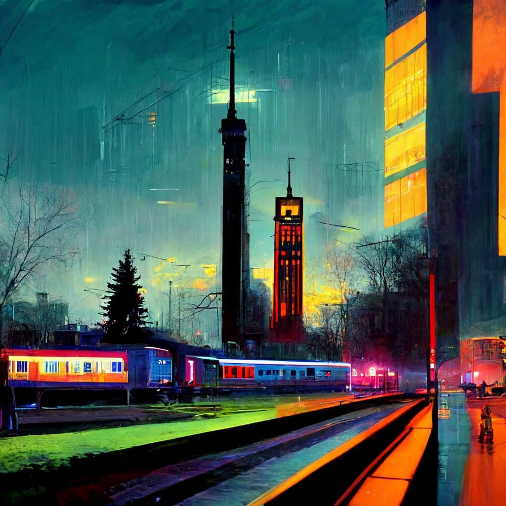 A stylized, high-contrast digital artwork depicting a city scene at night, featuring a train on tracks in the foreground and two tall towers in the background, including a clock tower illuminated in red.