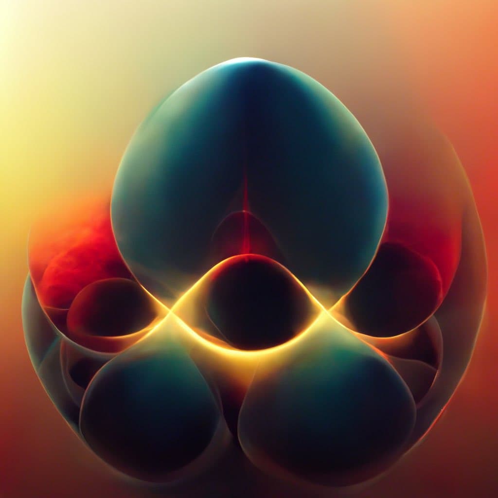 An abstract digital artwork featuring a central, symmetrical structure composed of smooth, bulbous shapes in shades of teal and dark blue. The forms are illuminated by glowing yellow and red light against a warm, gradient background, creating a surreal and organic appearance.