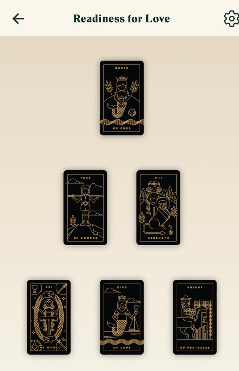 A screenshot of a mobile app titled 'Readiness for Love' displaying a six-card tarot spread. The cards feature black backgrounds with gold line-art illustrations of figures and symbols, including a mermaid, a person with a sword, a lion, and a figure on a horse.