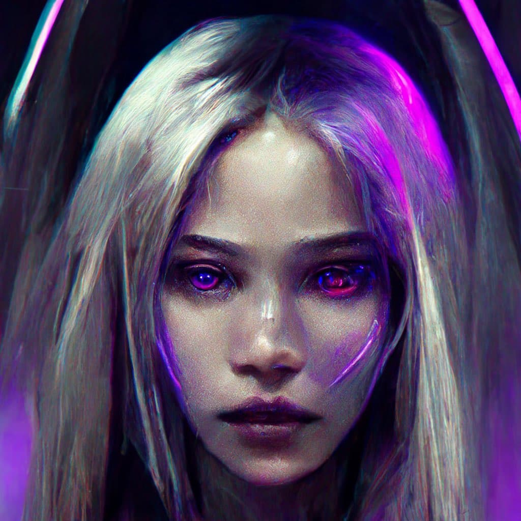 A digital art portrait of a young woman with long blonde hair and glowing purple eyes, illuminated by vibrant neon purple and blue lighting. The image has a futuristic, cyberpunk aesthetic with a textured, painterly style.