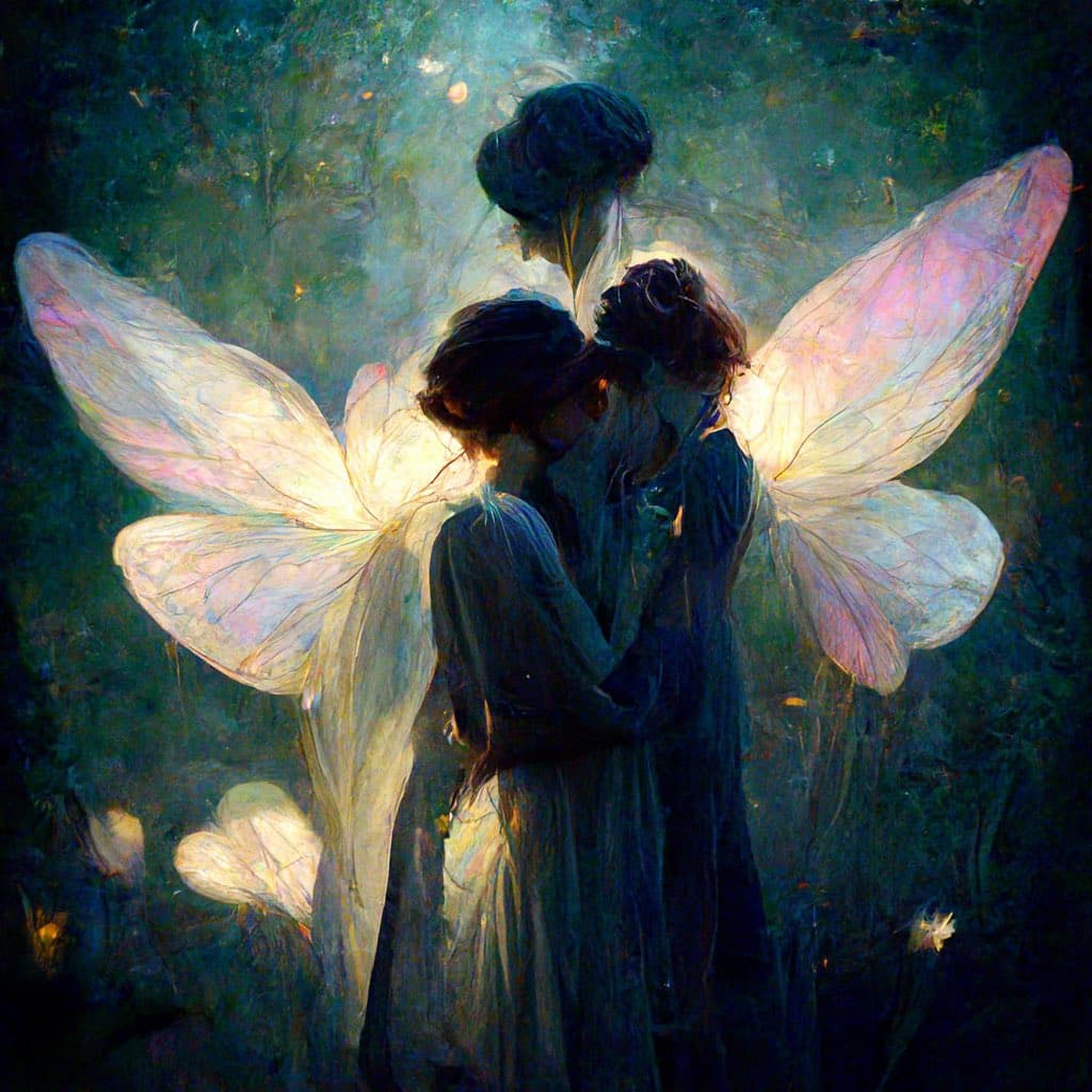 A digital painting depicting two figures with large, translucent fairy wings embracing in a dark, forest-like setting. The artwork features a soft, ethereal style with glowing wings and a third figure visible in the background.