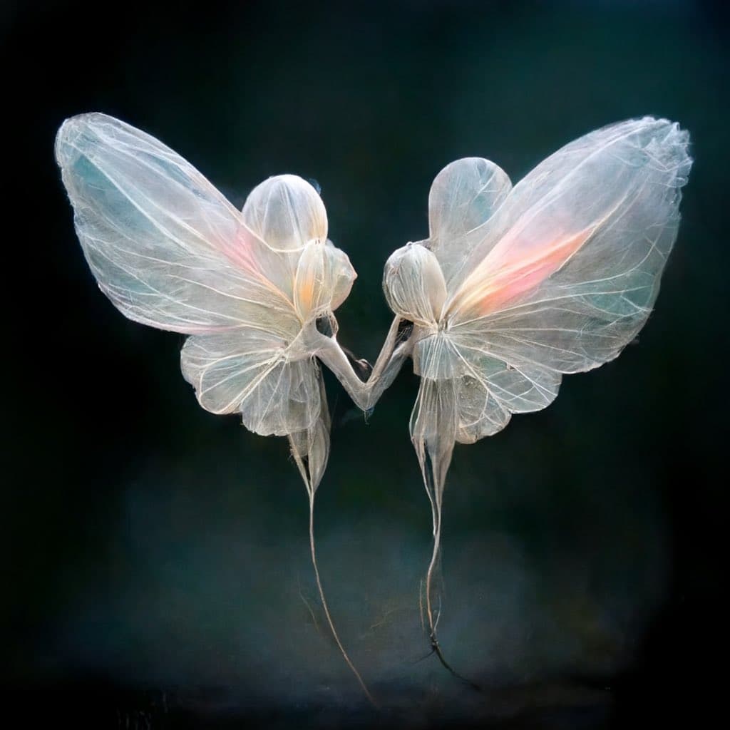 A photograph of two translucent, winged sea creatures, likely siphonophores, floating against a dark background.