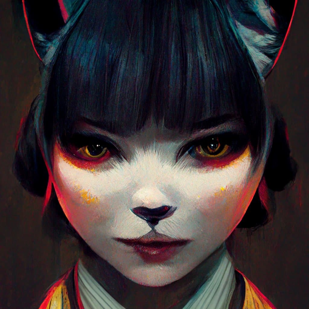 A digital painting of a person with cat-like features, including pointed ears, a feline nose, and yellow eyes, set against a dark background. The artwork uses dramatic red and blue lighting to highlight the subject's face and hair.
