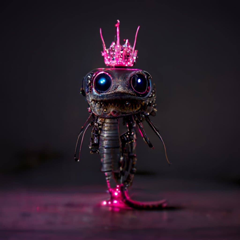 A close-up photograph of a small, mechanical or robotic creature with large, glowing blue eyes and a segmented body, standing on a reflective surface. It wears a sparkling pink crown on its head, illuminated by pink lighting against a dark background.