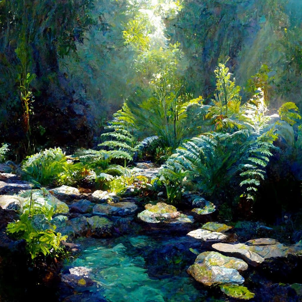 A digital painting of a lush forest scene featuring a clear, turquoise stream winding over mossy rocks. Sunlight filters through the dense canopy, illuminating vibrant green ferns and foliage.