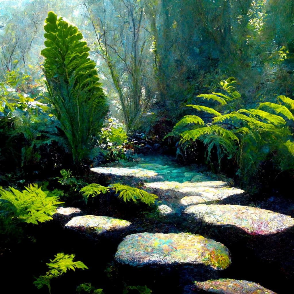 A digital painting of a lush, sunlit forest path lined with large ferns and stepping stones. The scene features vibrant green foliage and dappled light filtering through the trees.