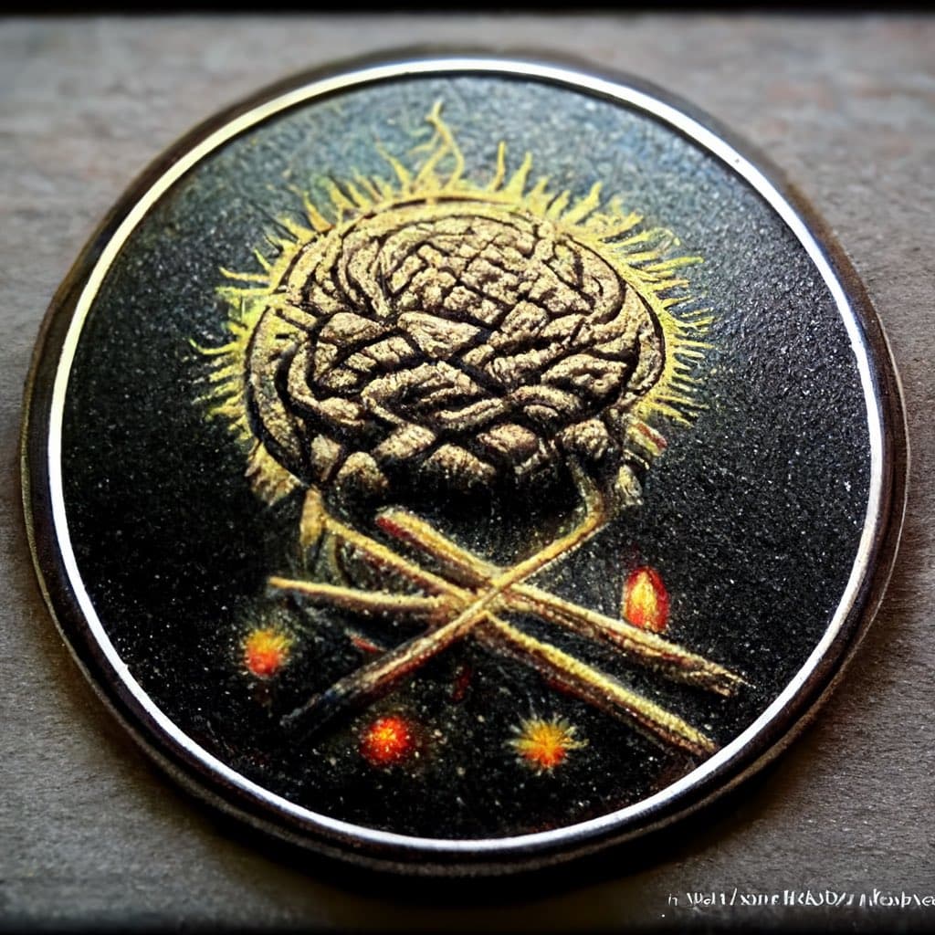 A close-up photograph of a round, black enamel pin featuring a gold-colored illustration of a brain with radiating lines and crossed bones below it, resembling a skull and crossbones motif.