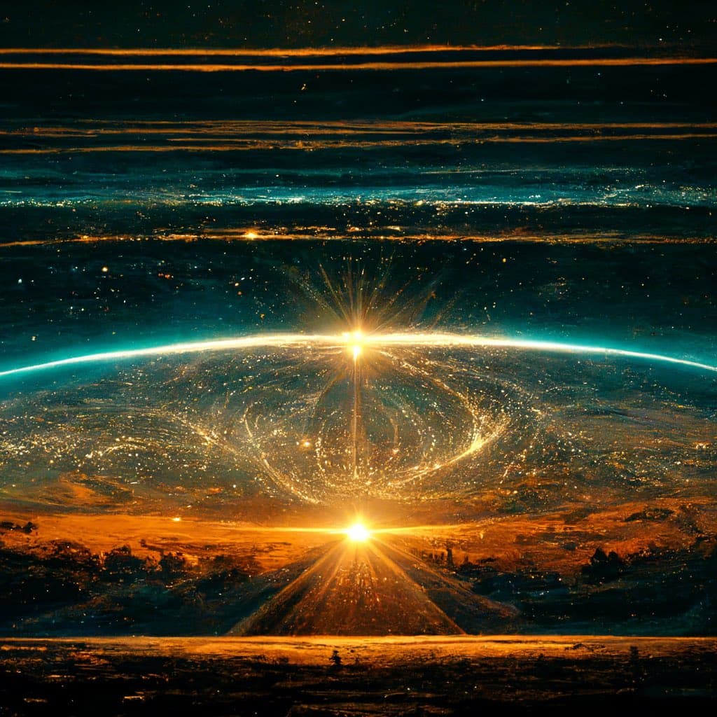 An abstract digital artwork depicting a celestial scene with a glowing horizon, a bright starburst, and swirling patterns of light against a dark, textured background.