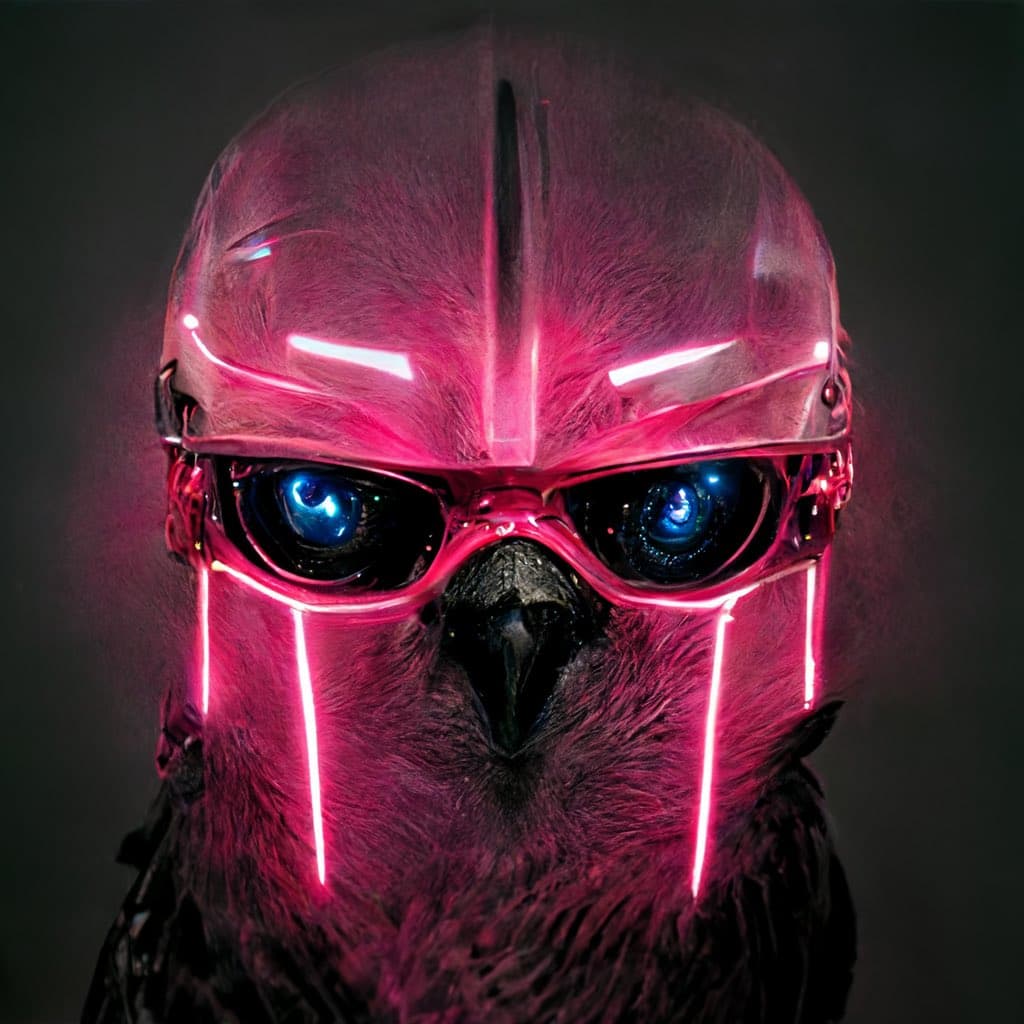A close-up portrait of a black bird, likely a crow or raven, wearing a futuristic, cyberpunk-style helmet and goggles. The gear features glowing pink neon lights and blue-lensed eyepieces, giving the bird a robotic appearance against a dark background.