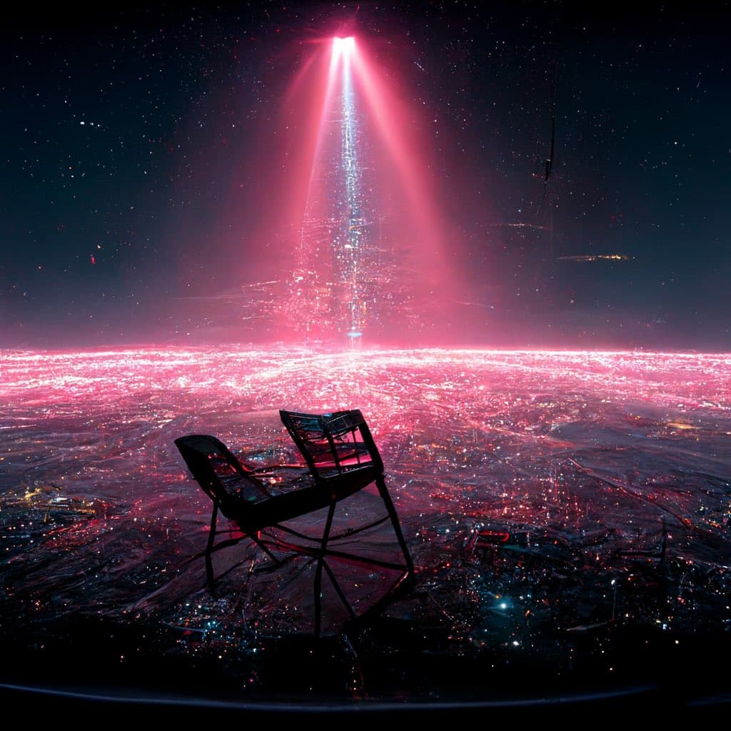 A surreal digital artwork showing a single black chair placed on a dark, reflective surface overlooking a vast, glowing pink cityscape at night. A bright beam of light shoots upward from the horizon into a starry sky, creating a dramatic and otherworldly scene.