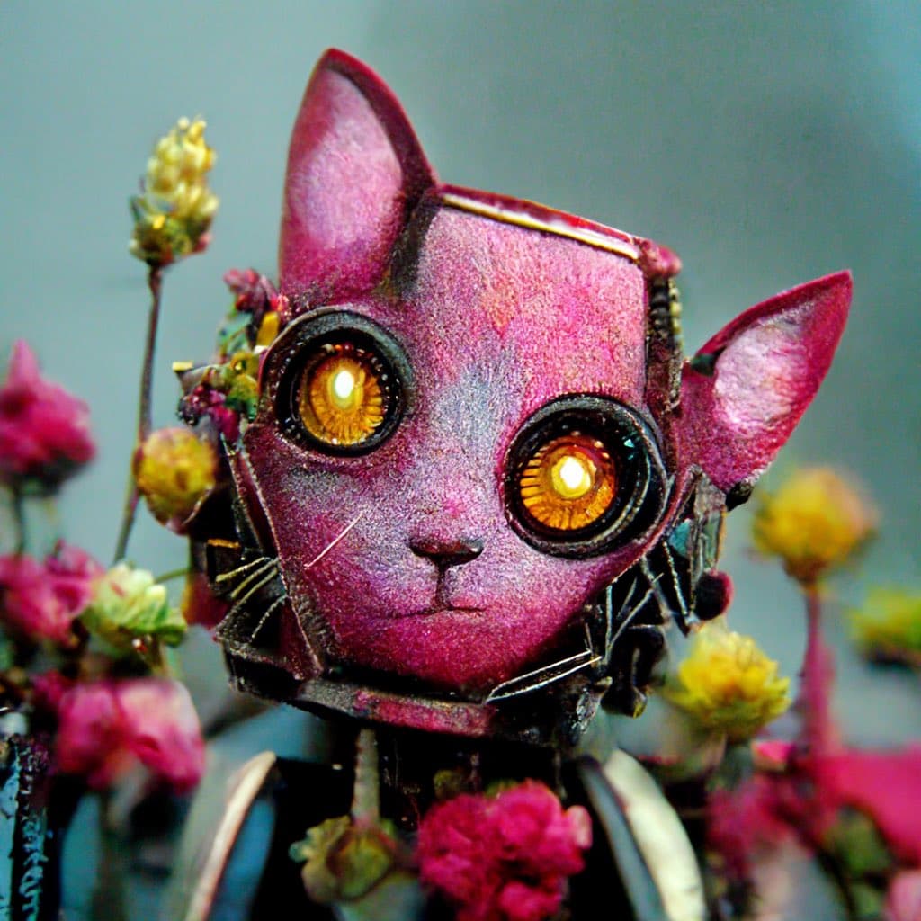 A close-up photograph of a small, handcrafted figurine resembling a cat's head, made from textured pink and purple materials with large, round amber-colored eyes. The figurine is surrounded by small pink and yellow flowers against a soft, out-of-focus background.