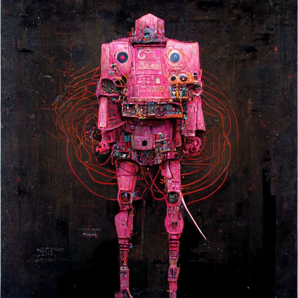 A painting of a pink, humanoid robot standing against a dark background with red, web-like lines radiating from its torso.