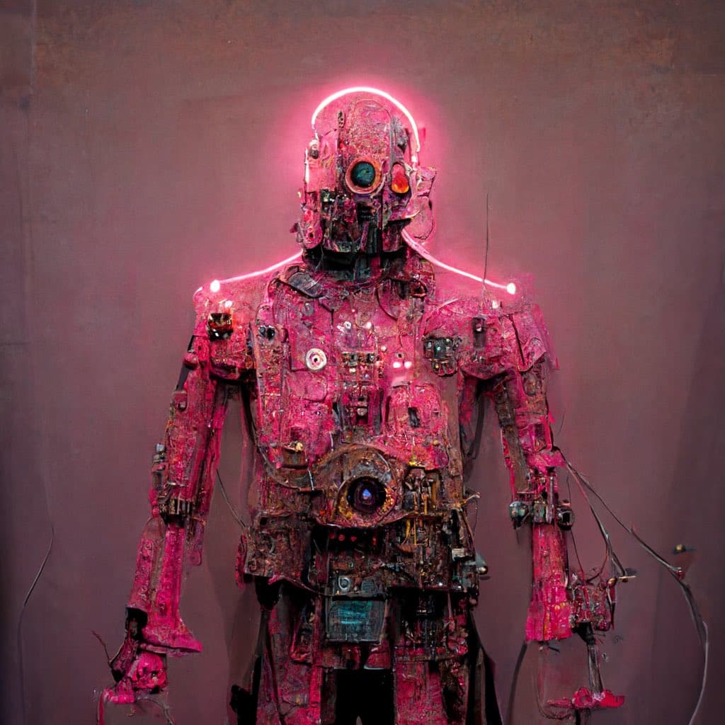A portrait of a humanoid figure constructed from a dense assemblage of electronic components, wires, and mechanical parts, illuminated by a pink neon light outlining its head and shoulders.